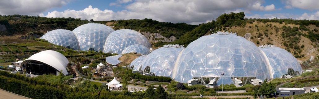 Panoramic view of the geodesic dome structures of Eden Project